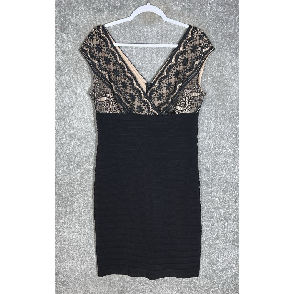 Dressban Collection Tiered Dress Womens Size 14 Black Beige Floral Lace Lined
